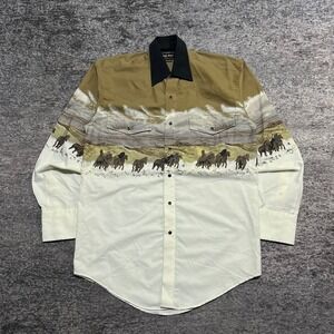 Vintage High Noon Western Shirt Mens Large Cowboy Horses Pearl Snap‎ Long Sleeve